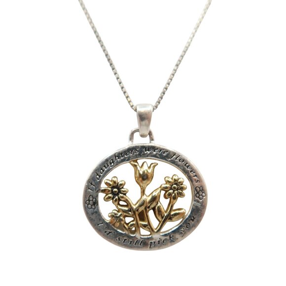 "If Daughters Were Flowers" Silver Gold Tone Pendant Necklace 925 Sterling Chain - Picture 2 of 7